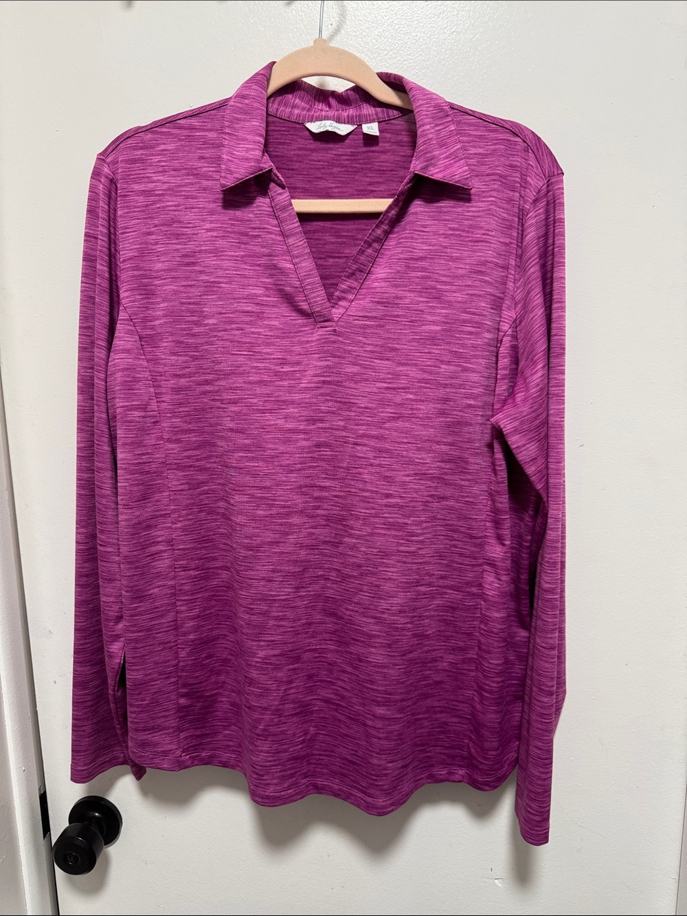 Lady Hagen Heathered Fuchsia Long Sleeve V-Neck Polo